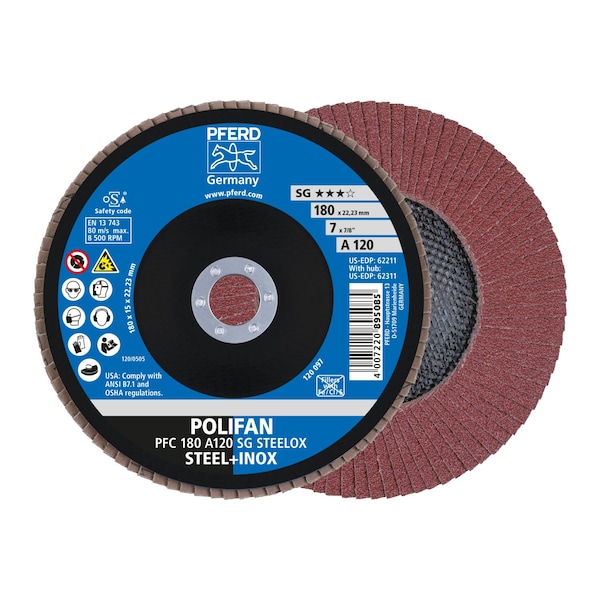 Pferd 7" x 7/8" A.H. POLIFAN Flap Disc - A SG STEELOX, Aluminum oxide, 120 Grit, Conical 62211 - main